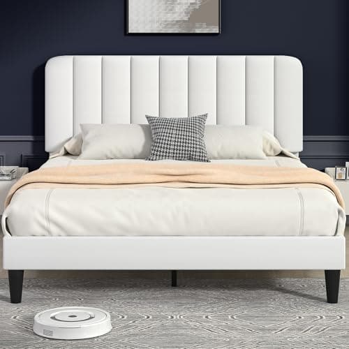 VECELO Full Size Bed Frame with Upholstered Headboard, Velvet Platform Bedframe Mattress Foundation, Strong Wood Slat Support, No Box Spring Needed,White - Image 1