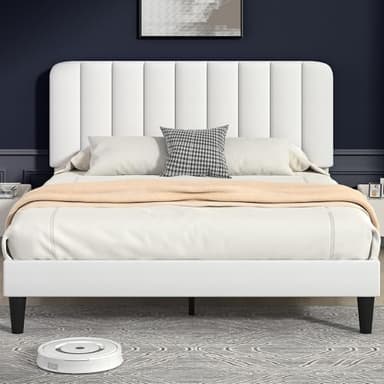 VECELO Full Size Bed Frame with Upholstered Headboard, Velvet Platform Bedframe Mattress Foundation, Strong Wood Slat Support, No Box Spring Needed,White - Image 1
