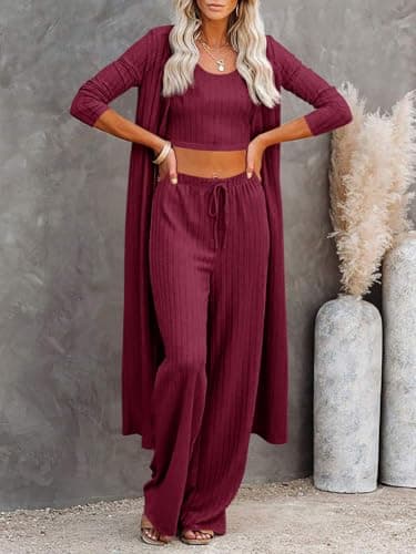 Fessceruna Womens 3 Piece Lounge Sets Pajamas Knit Long Sleeve Cardigan Crop Top Wide Leg Pants Loungewear Set A-wine Red - Image 2