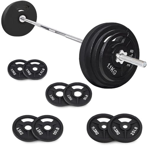 Fitvids Cast Iron 1" Standard Weight Plates Including Standard Barbell Bar & Star Locks, 95 Pounds Set (85 Lbs Plates + 10 Lbs Barbell Bar), Multiple Packages - Image 1