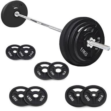 Fitvids Cast Iron 1" Standard Weight Plates Including Standard Barbell Bar & Star Locks, 95 Pounds Set (85 Lbs Plates + 10 Lbs Barbell Bar), Multiple Packages - Image 1