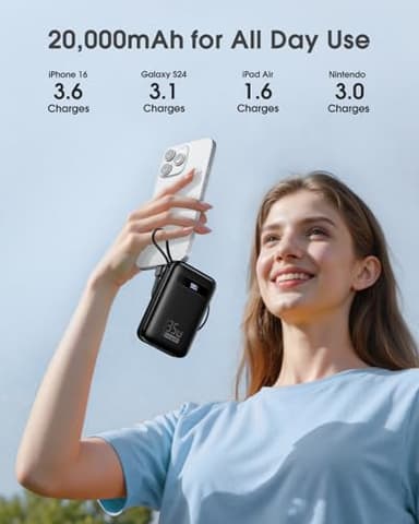 EnergyQC Power Bank, 20,000mAh 35W PD 3.0+QC 4.0 Fast Charging Portable Charger with Built-in Lightning & USB-C in&Out Cables, Battery Pack for iPhone 16/15/14 Series, Galaxy, iPad, AirPods, Black - Image 3