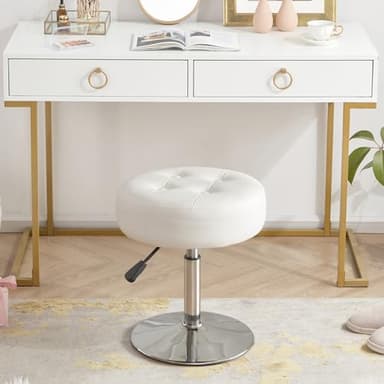 Gitrah White Vanity Chair for Makeup Room Round Ottoman Tufted PU Leather Makeup Chair Vanity Stools for Bathroom Height Adjustable 360 Swivel - Image 3