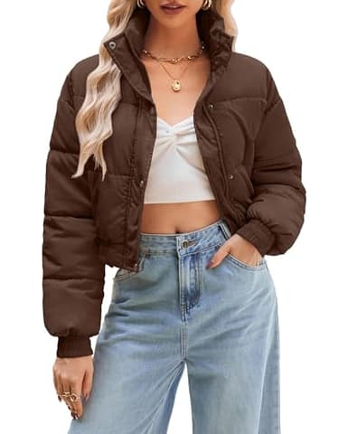 URMOSS Women's Cropped Puffer Jacket Long Sleeve Puffy Coat Winter Lightweight Stand Collar Button Down Zip Up Quilted Padded Outwear with Pockets Brown XL - Image 1