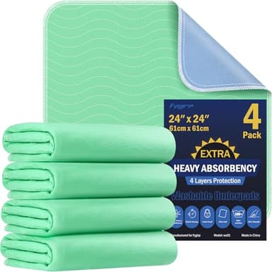 4 Pack 24” x 24” Extra Heavy Absorbency Washable Underpads, Waterproof Nursing Pads Incontinence Bed Pads, Reusable Washable Pee Pads for Dogs, Diaper Changing & Adults, Washable Puppy Pads - Image 1
