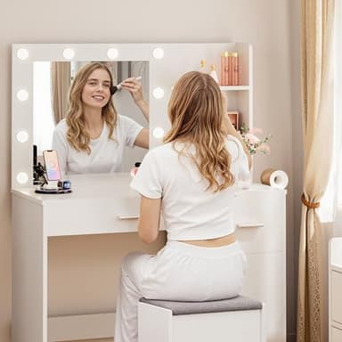 JUMMICO 35.4" Vanity Desk with LED Mirror & Power Outlet, Makeup Vanity Table with 3 Open Storage Shelves, Drawers and Cabinet, 3 Model Adjustable Lights for Bedroom & Dressing Room (White) - Image 6