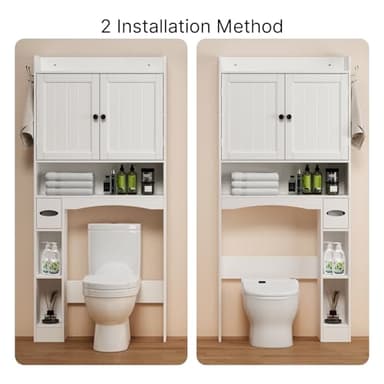 Ahomly Over The Toilet Storage Cabinet, 32.3" W Over Toilet Bathroom Organizer with Doors, Adjustable Shelves, Toilet Paper Holder, 2 Side Hooks, Space-Saver for Bathroom, Laundry, White - Image 7