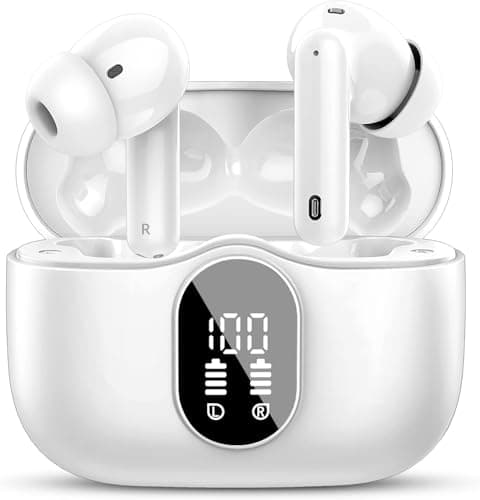 Wireless Earbuds Bluetooth 5.4 Headphones Bass Stereo Ear Buds with Noise Cancelling Mic LED Display in Ear Earphones IP7 Waterproof 36H Playtime for Laptop Pad Phones Sports Workout White - Image 1