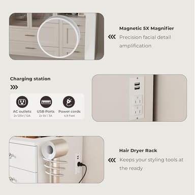 Otterease White Makeup Vanity, 11 Drawers Vanity Mirror with Lights, Makeup Vanity Desk with 3 Lighting Modes Adjustable Brightness, Vanity with Glass Top for Bedroom - Image 5