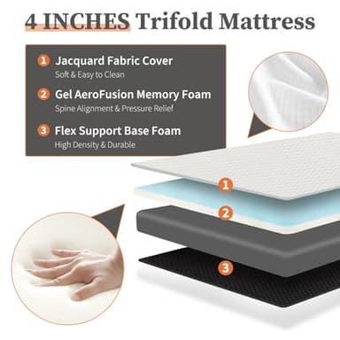 Sweetcrispy Tri-fold Memory Foam Mattress - 4 Inch Single Size Portable Bed Pad, Foldable Floor Mat, Collapsible and Washable Cover with CertiPUR-US Certified, for Travel & Camping & Yoga - Image 3