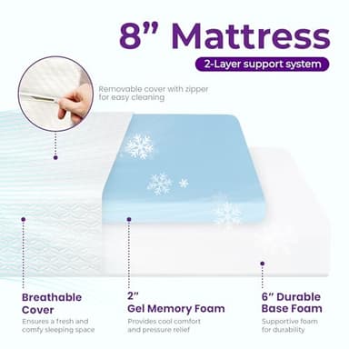 GAESTE 8 Inch Queen Cooling Gel Memory Foam Mattress for Cool Sleep Medium Firm CertiPUR-US Certified Foam, Mattress in a Box Pressure Relief Removable Cover No Fiberglass (Queen, 8 in) - Image 3