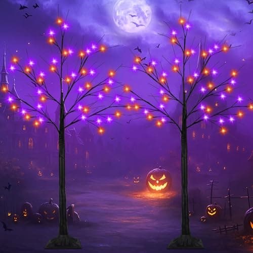 2-Pack 4FT Lighted Black Halloween Tree with 96 LED Orange & Purple Lights (Higher Size & Floor Standing), Halloween Decorations Spooky Tree for Indoor & Outdoor, Home Holiday Party Garden Lawns Decor - Image 1