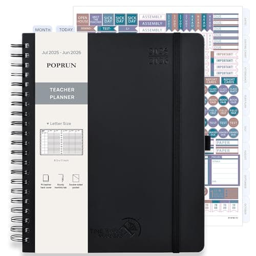 POPRUN Teacher Planner 2025-2026, (Letter Size - 8.5'' x 11'') Academic Lesson Planner (July 2025 - June 2026), with Monthly Tabs, Thick Papers, 2-Sided Pocket, Leather for Teachers, Black - Image 1