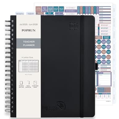 POPRUN Teacher Planner 2025-2026, (Letter Size - 8.5'' x 11'') Academic Lesson Planner (July 2025 - June 2026), with Monthly Tabs, Thick Papers, 2-Sided Pocket, Leather for Teachers, Black - Image 1