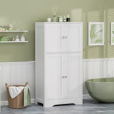 Iwell Bathroom Floor Storage Cabinet with 2 Adjustable Shelves & 4 Doors, Freestanding Bathroom Cabinet, Cupboard for Living Room, Entryway, Home Office, White - Image 2