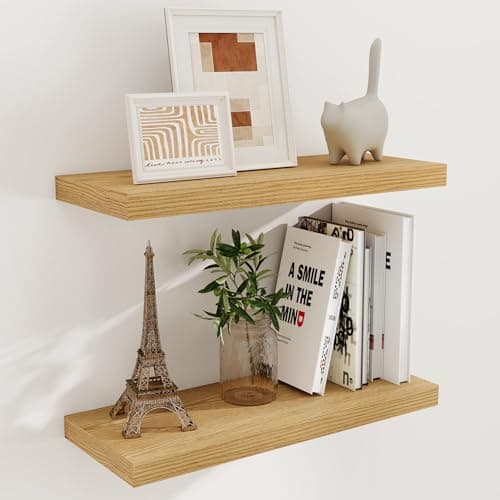 Fun Memories 24 Inch Floating Shelves for Wall, 9.3 Deep Wall Shelves for Home Decor & Storage, 24x9.3x1.5 Large Wooden Shelf with Heavy-Duty Bracket, Deep Shelf for Kitchen, Living Room, Oak Color - Image 1