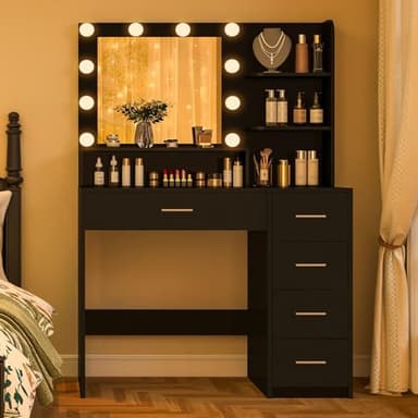 Quimoo Makeup Vanity Desk with Mirror & Lights, Vanity Desk with 5 Drawers & Storage Shelves, Vanity Table, 3 Color Modes & Adjustable Brightness Dressing Table, Bedroom, Black - Image 8