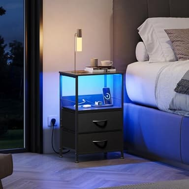 WLIVE Night Stand Set of 2 with Charger Station, Black Nightstand Sets with 2 Fabric Drawers and Storage Shelf, LED Bedside Table, Bedroom Small End Tables with 3 USB Ports and 2 AC Outlets - Image 2