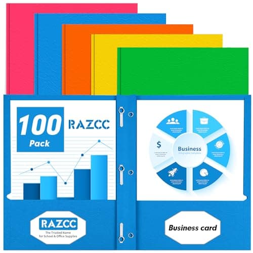 Two Pocket Folders, RAZCC 100 Pack Two Pocket with Prongs, 3 Prong Folders Fit Letter Size Paper, Pocket Paper File Folders for School Office Home Business, Assorted 5 Colors - Image 1