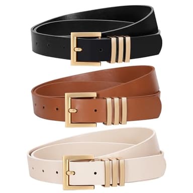 Huyfhksd 3 Pack Women Leather Belt for Jeans Pants Dresses Fashion Ladies Waist Belts with Gold Buckle, L, FBlack/Brown/Beige(Square) - Image 1