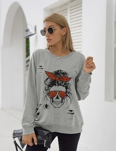 Blooming Jelly Women's Halloween Sweatshirts Skull Graphic T Shirts Long Sleeve Pullover Gothic Fall Trendy Outfits 2024 (Large, Gray-Spider) - Image 3
