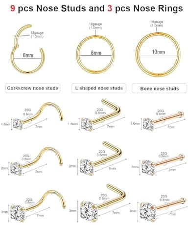 18g Gold Nose Rings Hoop and 20g Nose Studs Sets for Women Men,Hypoallergenic 316L Surgical Stainless Steel L Shape/Corkscrew/Straight Nose Studs Nose Screw Bone 1.5/2/3mm CZ Piercings Jewelry 12Pcs - Image 2