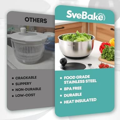 SveBake 5.3Qt Stainless Steel Salad Spinner with Stop Button, BPA-Free Vegetable Lettuce Spinner, Transparent Lid & Drainage Hole, Non-Slip Base, Dishwasher Safe Fruit Washer - Image 6