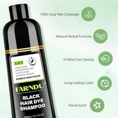 Farndu Black Hair Dye Shampoo for Women & Men, Gray Hair Coverage Herbal Natural 3 in 1 Hair Color Shampoo, Champu para canas - Image 5