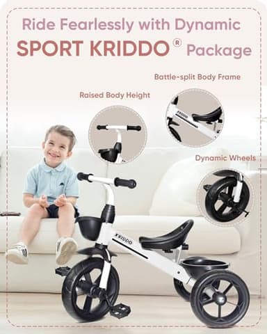 KRIDDO Kids Tricycles Age 24 Month to 4 Years, Toddler Kids Trike for 2.5 to 5 Year Old, Gift Toddler Tricycles for 2-4 Year Olds, Trikes for Toddlers, Sporty Styling, White - Image 2