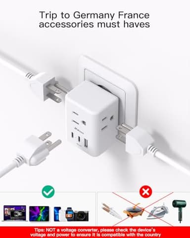 France Power Adapter, Portugal Adapter Plug, Germany Plug Adapter, Type E F European Travel Plug Adapter with 3 Outlets 3 USB Charging Ports(2 USB C), Travel Essentials to Most Europe EU - Image 5