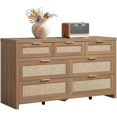SICOTAS 7 Drawer Dresser for Bedroom, 57" Wide Rattan Dressers, Large Chest of Drawers for Bedroom, Dresser TV Stand, Boho Closet Organizer (Reclaimed Caramel Oak, 7 Drawers (1 pc)) - Image 1