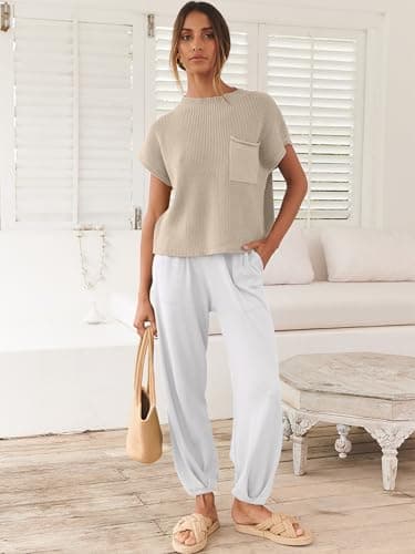 ANRABESS Women's Two Piece Outfits Knit Sweater Vest Crop Top Pants Lounge Matching Tracksuit Sweatsuit Travel Clothes Sets Khaki White Medium - Image 2