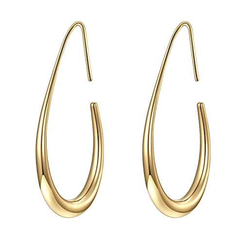 Lightweight Teardrop Hoop Earrings for Women - 14k Gold/White Gold Plated Large Oval Pull Through Hoop Earrings High Polished Statement Jewelry Gift for Women - Image 1