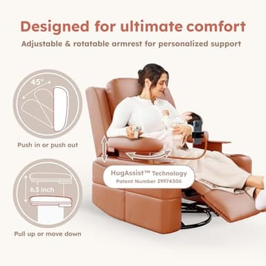 MAMAZING Rocking Chair Nursery with Adjustable Armrests, Electric Glider Recliner Nursing Chair for Breastfeeding, Power Swivel Recliner Chairs with USB Port and Storage, FSC Certified (Mocha) - Image 4