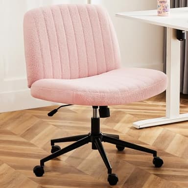 DUMOS Criss Cross Chair with Wheels, Legged Office Armless Wide Desk Seat with Dual-Purpose Base, Adjustable Swivel Teddy Fabric Task Vanity Home Bedroom, Pink - Image 1