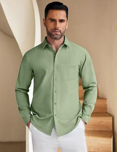 COOFANDY Mens Long Sleeve Button Down Shirt Untucked Stretch Denim Dress Shirt with Pocket Light Green - Image 3