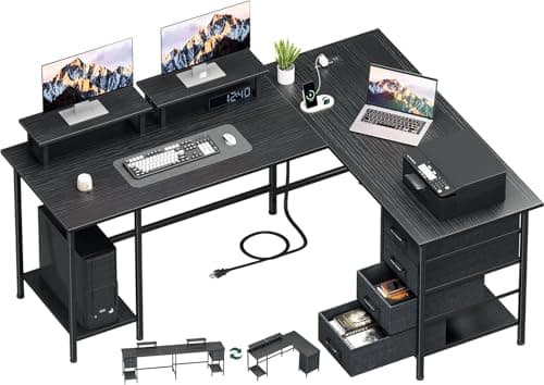Korfile 59 inch L Shaped Computer Desk with Power Outlets, Home Office Desk with 4 Adjustable Storage Drawers & 2 Monitor Stands, Two Person Gaming Table for Bedroom, Black - Image 1