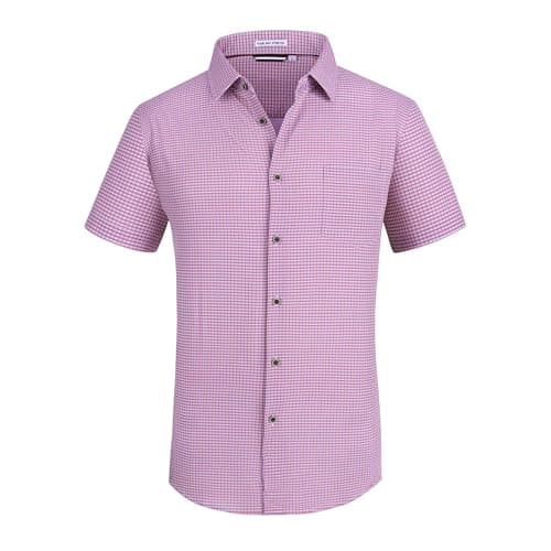 Esabel.C Mens Casual Button Down Shirts Wrinkle Free 4-Way Stretch Short Sleeve Plaid Summer Business Shirt,red,L - Image 1