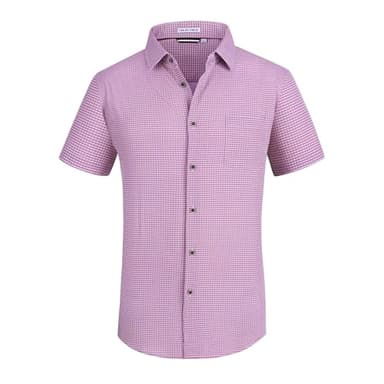 Esabel.C Mens Casual Button Down Shirts Wrinkle Free 4-Way Stretch Short Sleeve Plaid Summer Business Shirt,red,L - Image 1