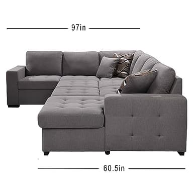 THSUPER 123'' Sectional Sleeper Sofa Couch with Pull Out Bed, 6 Seater U Shaped Oversized Comfy Linen Sleeper Sectional Sofas Couches with Storage Chaise for Living Room, Gray - Image 9