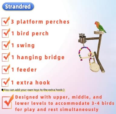 Natural Wood Bird Perch Playground for Outside the Cage Wall, Bird Platform and Play Area for Small to Medium Parrots like Cockatiels, Conures, Parrotlets, Lovebirds, and Budgies, Bird Cage Accessory - Image 3