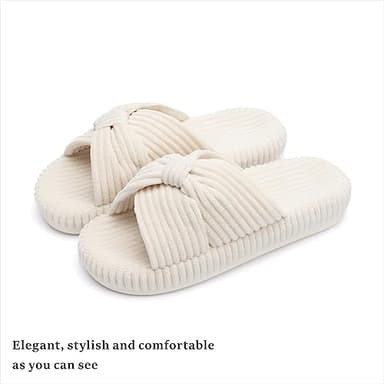 Chantomoo Slippers for Women Memory Foam House Bedroom Corduroy Bow Crossbands Slide Slipper Shoes Comfy Trendy Gift Slippers Beige Size 9 10 8.5 - Image 5