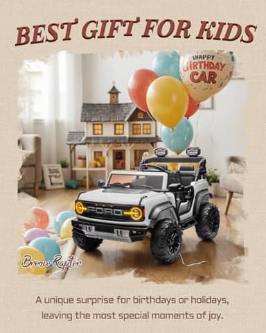 First Ride On Licensed Ford Bronco Raptor 24V 2 Seater Kids Ride on Toys, Battery Powered Electric Ride on Car, Remote Control Electric Car w/Led Lights, Music, High Low Speed (24V, White) - Image 4