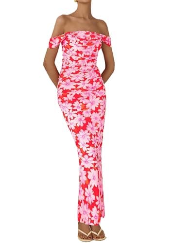 PRETTYGARDEN Maxi Dresses for Women 2025 Summer Elegant Floral Off Shoulder Ruched Mesh Cocktail Wedding Guest Dress (Pink Daisy,Small) - Image 4