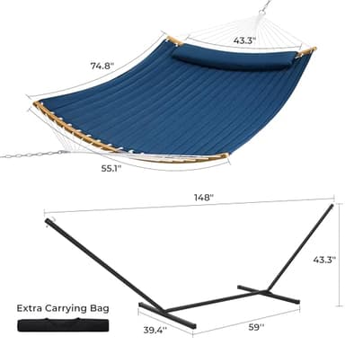 SUPERJARE Curved-Bar Hammock with Stand, 2 Person Heavy Duty Hammock Frame, Detachable Pillow & Portable Carrying Bag, Perfect for Outdoor & Indoor, Navy Blue - Image 8