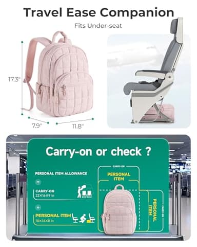 BAGSMART College Laptop Backpack, Travel Laptop Backpack for Women, Quilted Casual Daypack, Water-Resistant Bookbag for 15.6 Inch Laptop, Pink - Image 3