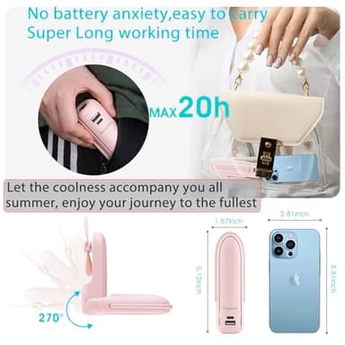 Digibond Pink Handheld Fan, Portable Fan Bullet Shape 3000mAh USB Rechargeable Battery Operate 6 IN 1 Personal Fan Foldable Lightweight Travel Essential with Power Bank/Lanyard 3 Speed - Image 2