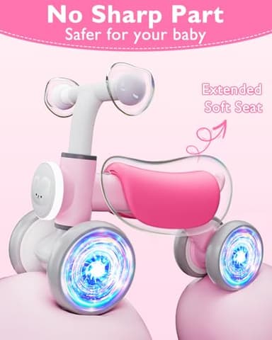 Colorful Lighting Baby Balance Bike for 1 Year Old Girls, Toddler Toys for 1 Year Old Girls Gifts, First Bike with Music and Soft Seat, 12-24 Month Toddler Balance Bike, First Birthday Gifts - Image 5