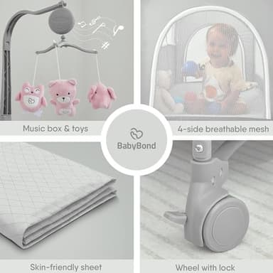 BabyBond Baby Bassinet Bedside Crib, Pack and Play with Sheet, Diaper Changing Table and Music Mobile from Newborn to Toddles, Portable Large Playard - Image 5