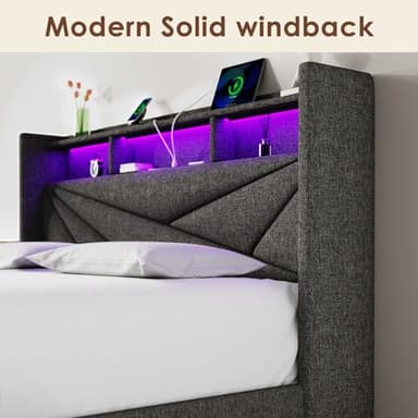 Driftalia LED Queen Bed Frame with 2 Storage Drawers, Upholstered Bed Frame Queen Size with Headboard and Charging Station, No Box Spring Needed, Easy to Assembly-Dark Grey - Image 6
